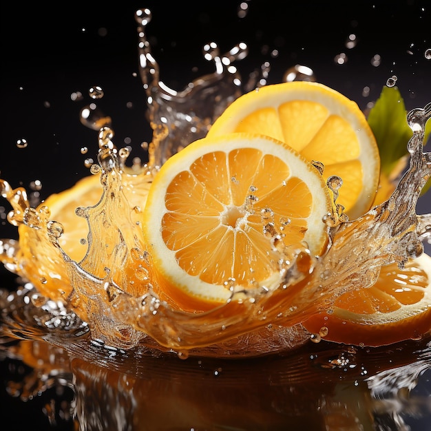 Fetta di limone spruzzata in un bicchiere d'acqua con uno spruzzo di gocce d'acqua in movimento sospese