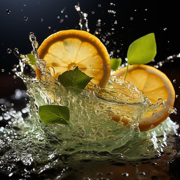 Fetta di limone spruzzata in un bicchiere d'acqua con uno spruzzo di gocce d'acqua in movimento sospese
