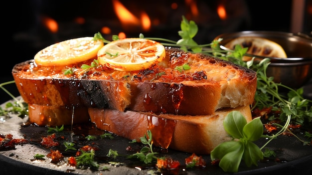 Fetta di pane gourmet alla griglia cotta su sfondo scuro