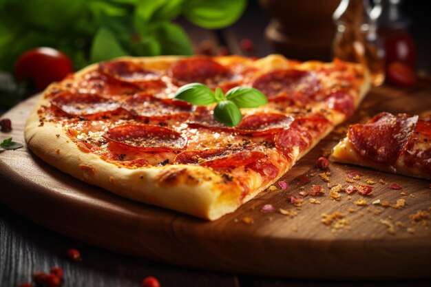 Fetta di pizza al pepperoni su una tavola di legno con un po' di oregano