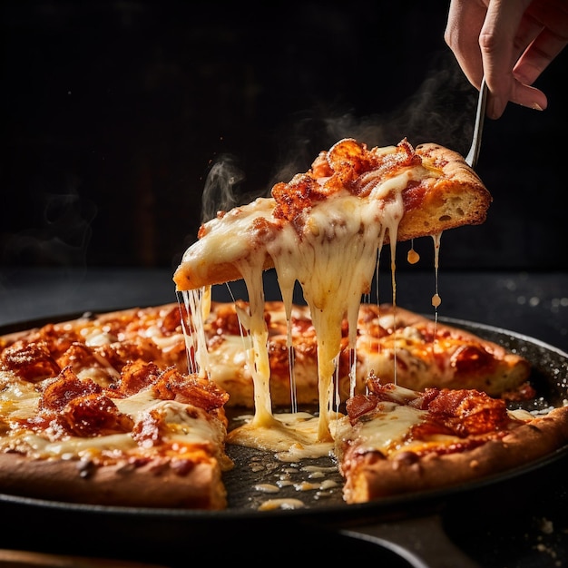 Fetta di pizza sollevata dalla padella della pizza con formaggio fuso e topping