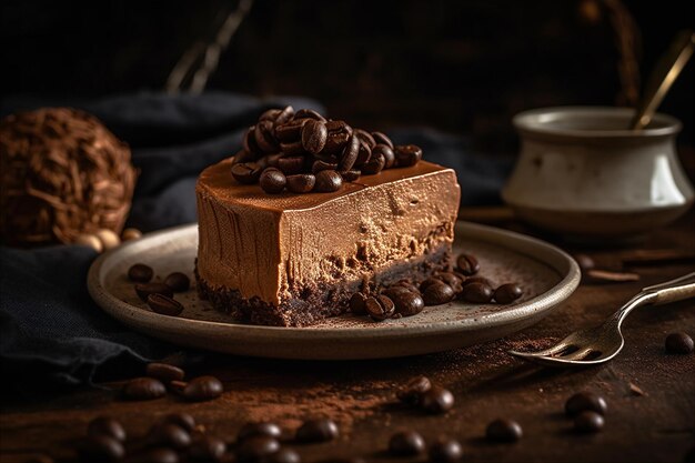 Fetta di ricca e cremosa torta di mousse al cioccolato con bolle di cioccolata di cacao generata dall'AI