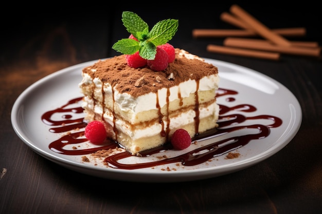 Fetta di tiramisu su un piatto da dessert con coulis di frutta