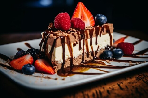 Fetta di tiramisu su un piatto da dessert con coulis di frutta