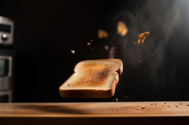 Fetta di toast caldo che levita su un tavolo di legno Contenuti generati dall'intelligenza artificiale