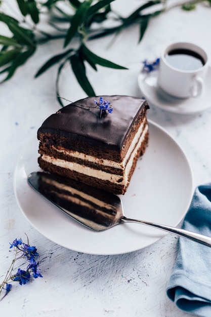 Fetta di torta al cioccolato e una tazza di caffè