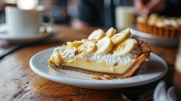 Fetta di torta alla crema di banana su un piatto con il caffè sullo sfondo