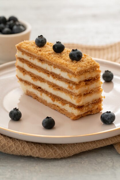 Fetta di torta condita con mirtilli freschi sul piatto bianco