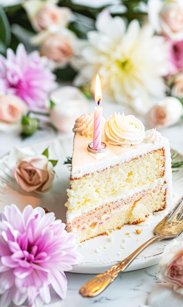 Fetta di torta di compleanno con una candela accesa circondata da fiori freschi