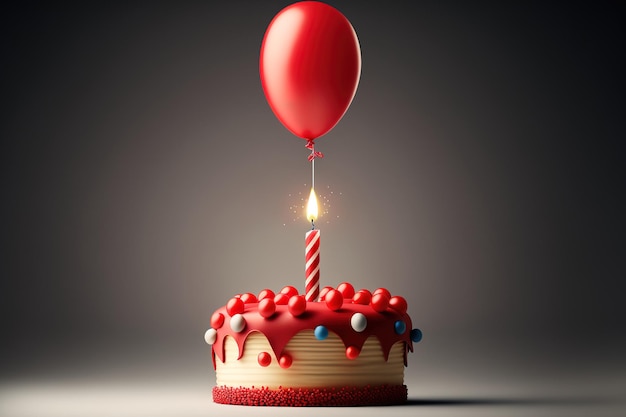 Fetta di torta di compleanno con una singola candela rossa e assortimento di palloncini per una festa di compleanno