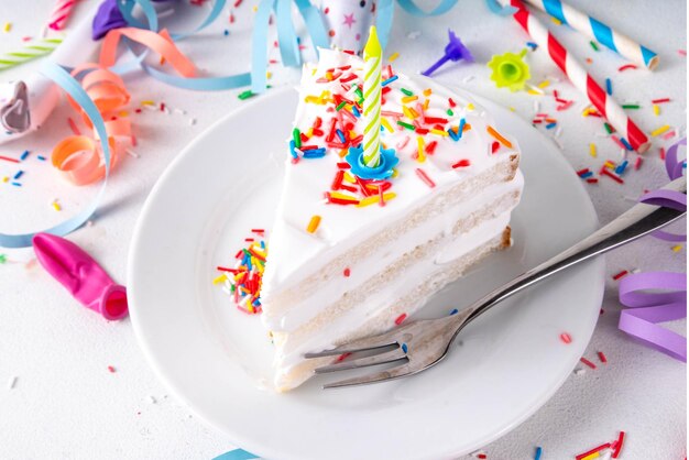 Fetta di torta di compleanno su un tavolo decorato per la festa di compleanno