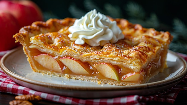 Fetta di torta di mele dorata con panna montata su piatto rustico