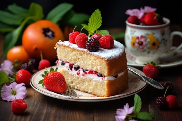 Fetta di torta di spugna con frutta