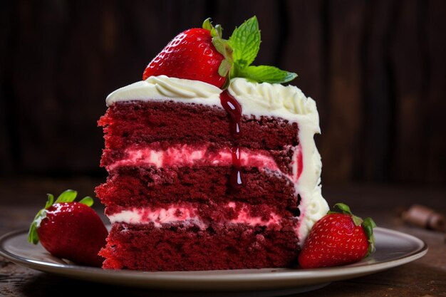 Fetta di torta di velluto rosso con fragole fresche delizioso dessert a strati