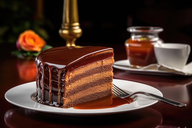 Fetta di torta Sacher con marmellata di albicocche su tavola di legno Dolce tradizionale austriaco ai generativo