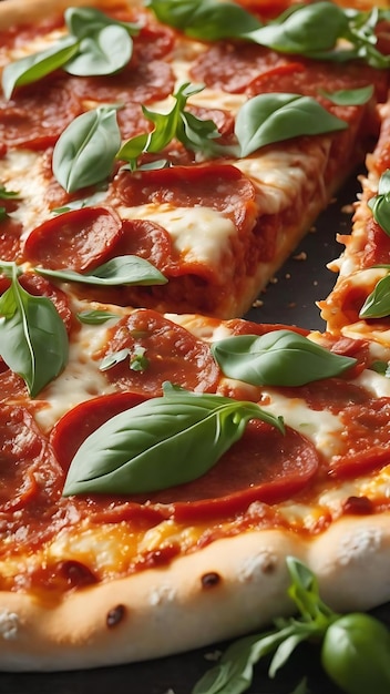 Fetta di tradizionale pizza italiana al pepperoni con salsa di pomodoro e arugula