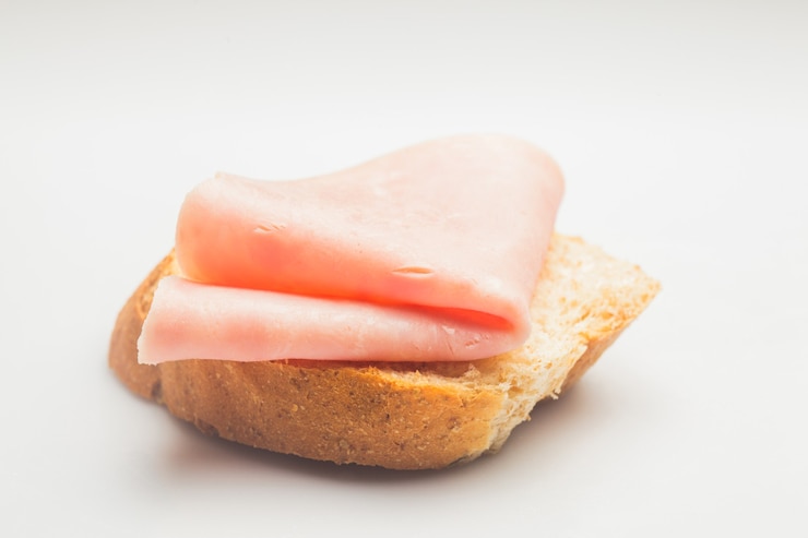 Fetta e pane arrotolati freschi di prosciutto su un piatto bianco da vicino