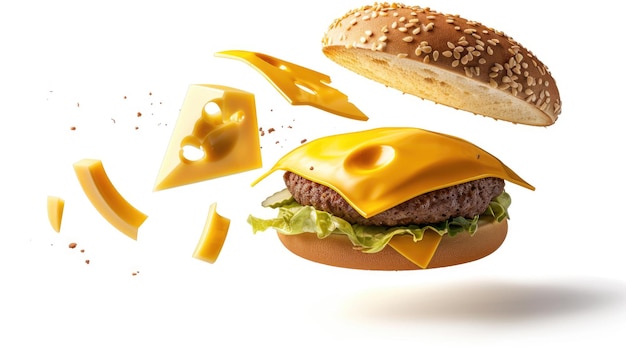 Fetta volante di formaggio per hamburger isolata su sfondo bianco con percorso di taglio