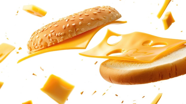 Fetta volante di formaggio per hamburger isolata su sfondo bianco con percorso di taglio