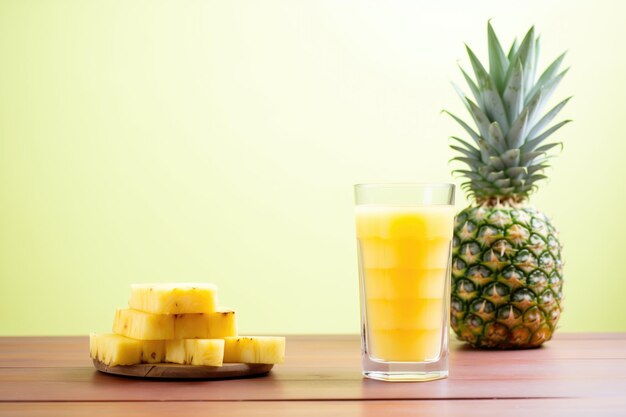 Fette di ananas impilate accanto a un grande bicchiere di succo