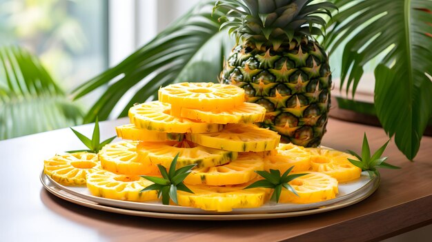 Fette di ananas su un piatto a tema tropicale