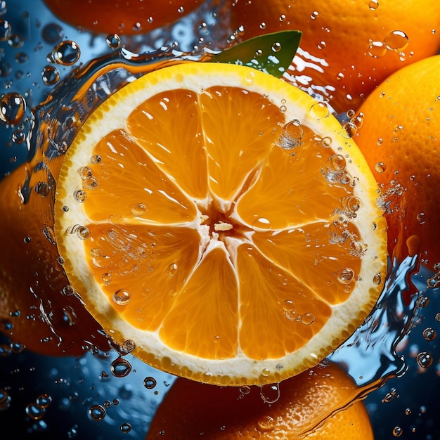 Fette di arancia con gocce d'acqua IA generativa