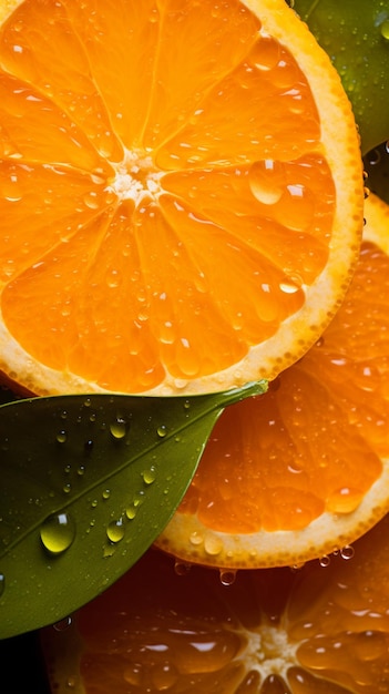 Fette di arancia con gocce d'acqua IA generativa