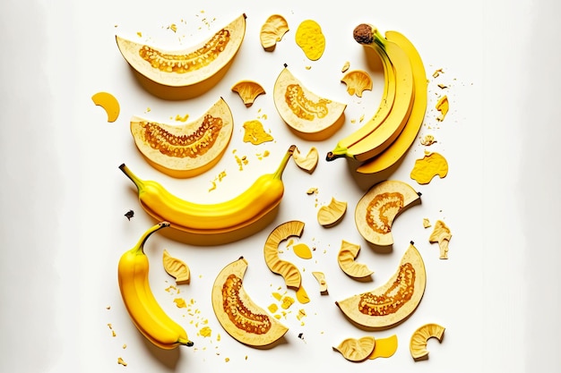 Fette di banane mature fette di banana essiccate e frutti interi si trovano su sfondo bianco