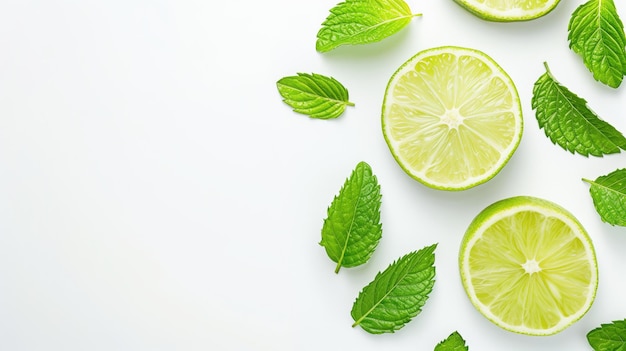 Fette di lime e foglie di menta su uno sfondo bianco