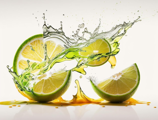 Fette di lime spruzzano sull'acqua Illustrazione rinfrescante creata con intelligenza artificiale generativa