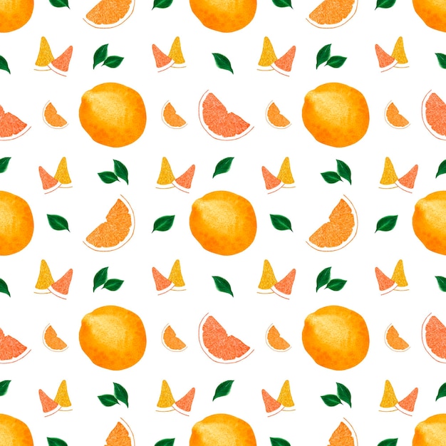 Fette di limone arancio acquerello disegnate a mano con motivo senza giunture di foglie verdi su sfondo bianco Tessuto per scrapbook post card