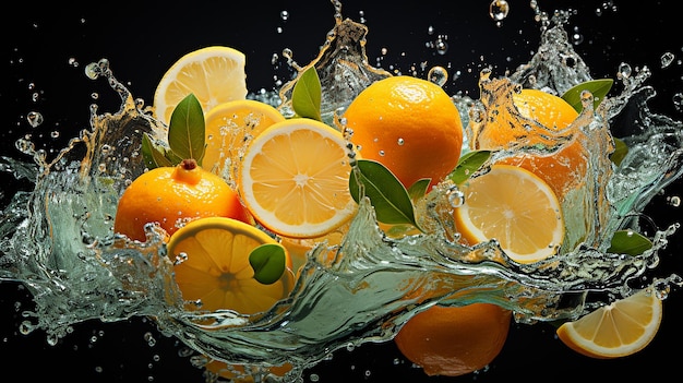 Fette di limone che cadono nell'acqua con spruzzi