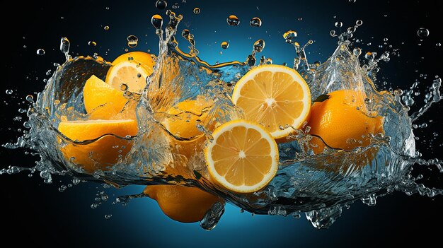 Fette di limone che cadono nell'acqua con spruzzi