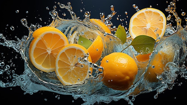 Fette di limone che cadono nell'acqua con spruzzi