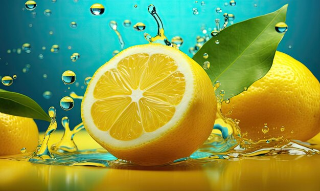 Fette di limone che galleggiano in acqua limpida con riflessi di luce soffusa e bolle che creano un'immagine rinfrescante Creato con strumenti di intelligenza artificiale generativa