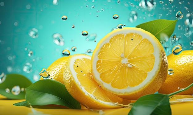 Fette di limone che galleggiano in acqua limpida con riflessi di luce soffusa e bolle che creano un'immagine rinfrescante Creato con strumenti di intelligenza artificiale generativa