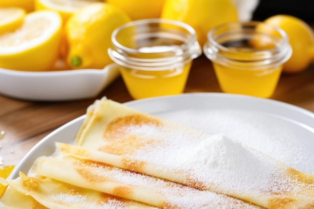 Fette di limone e zucchero cosparse sulle crêpe