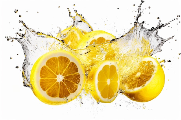 Fette di limone più spruzzi di colore liquido giallo su bianco isolato