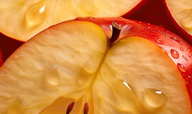 Fette di mele rosse Macro cattura di una fetta di mela croccante gocce d'acqua Freschezza della natura Creata con strumenti generativi di IA