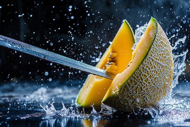 fette di melone cantaloupe con coltello e gocce d'acqua e schizzi su sfondo blu scuro