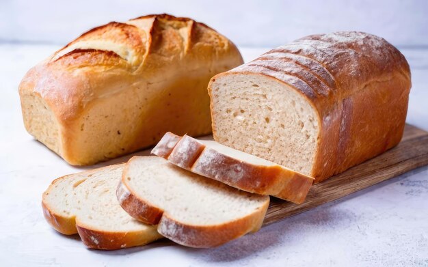 Fette di pane e una deliziosa fetta di pane al lievito su uno sfondo bianco isolato