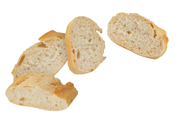 Fette di pane lungo bianco isolate su sfondo bianco Fette di baguette francese croccanti Concetto di sandwich da inserire in un disegno o progetto