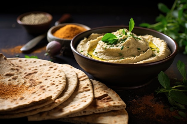 Fette di pane Pita accanto alla ciotola di hummus