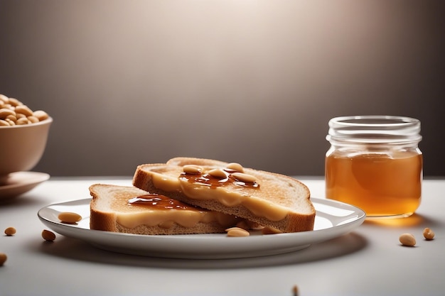 Fette di pane tostato con burro di arachidi e miele su un piatto isolato su uno sfondo grigio trasparente