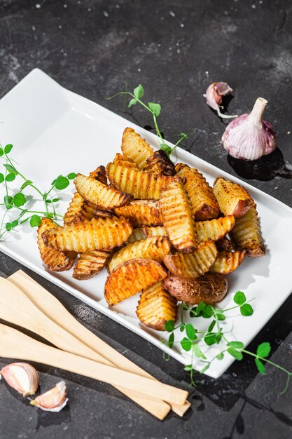 Fette di patate al forno su uno sfondo chiaro