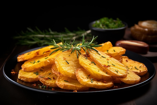 Fette di patate fritte su piatto nero