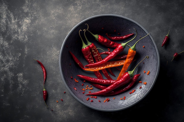 Fette di peperoncino in una ciotola con uno sfondo grigio strutturato alzando lo sguardo