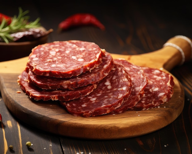 Fette di salame sul tagliere salsiccia secca tradizionale italiana