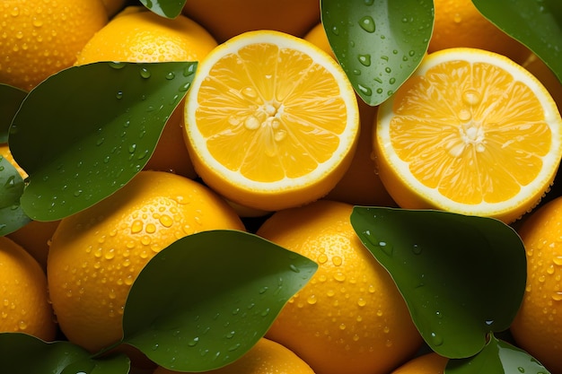 fette e foglie di arance su sfondo giallo