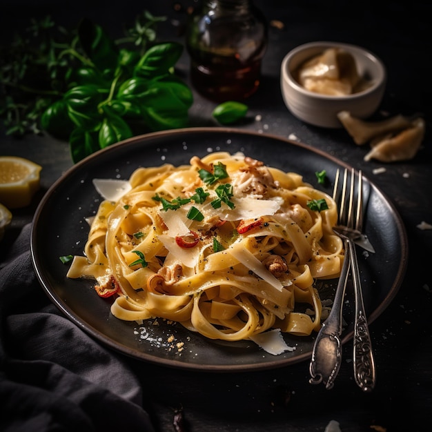 Fettuccine italiane fatte in casa con salsa di funghi e formaggio